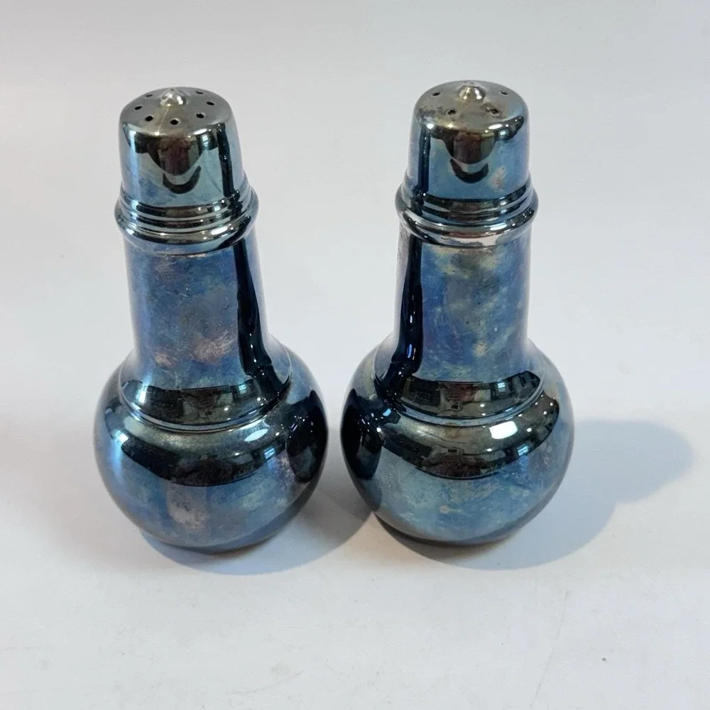Vintage MCM Blue Lusterware Atomic Salt Pepper Shakers Iridescent Glaze‎